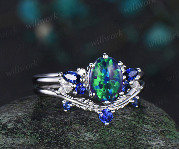 Oval cut black opal engagement ring 6 prong white gold cluster snowdrift bridal anniversary ring set women jewelry
