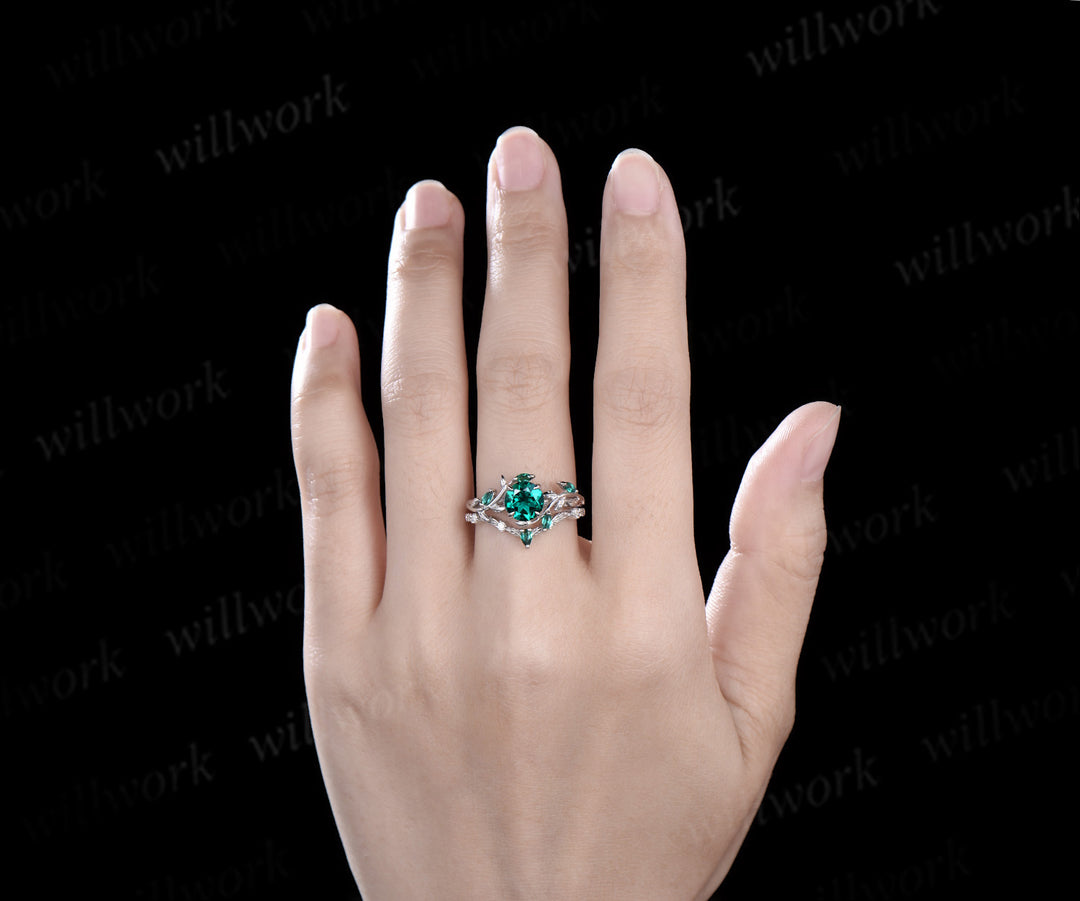 Vintage round cut green emerald engagement ring yellow gold cluster leaf nature inspired moissanite bridal promise wedding ring set women