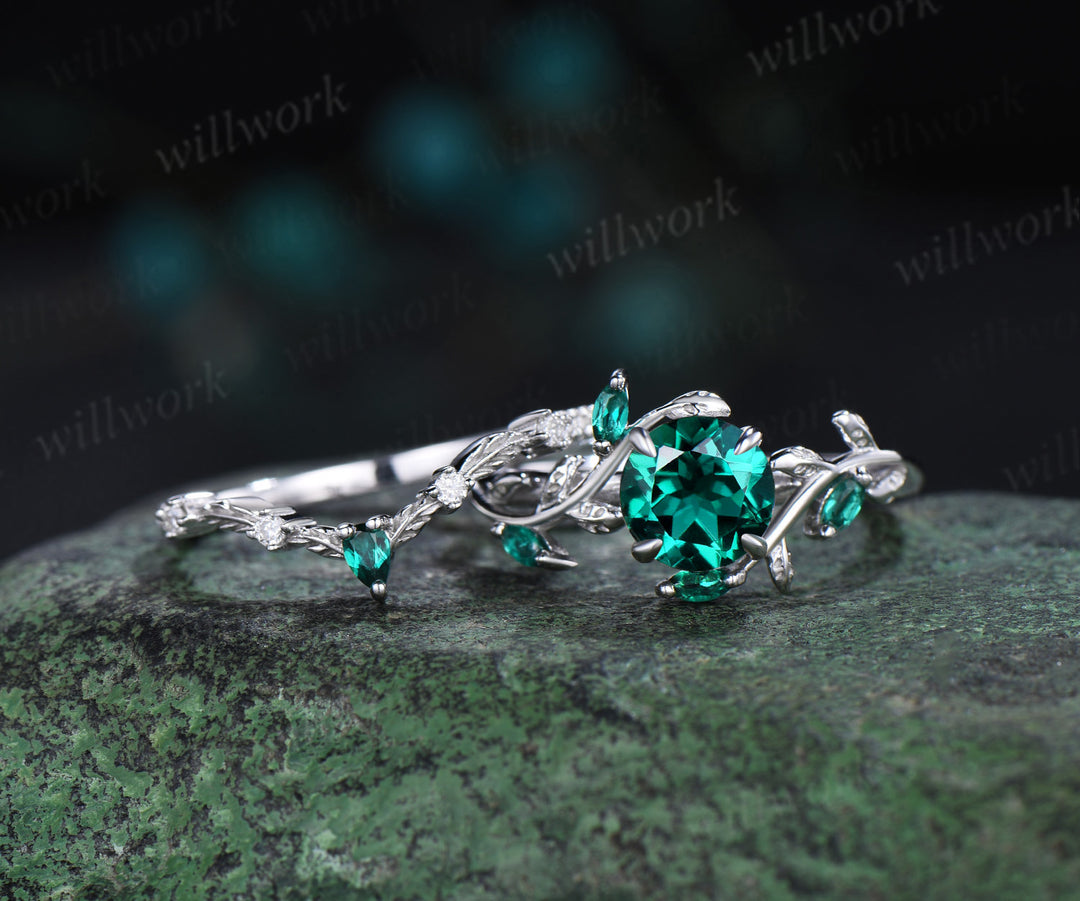 Vintage round cut green emerald engagement ring yellow gold cluster leaf nature inspired moissanite bridal promise wedding ring set women