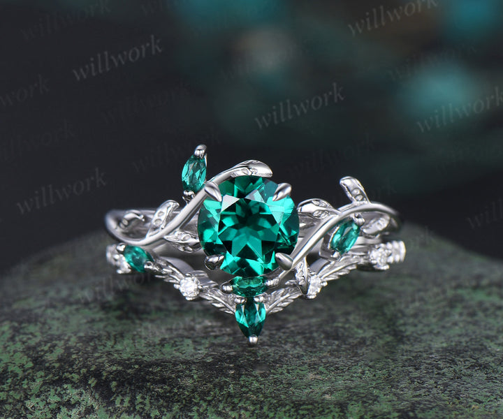 Vintage round cut green emerald engagement ring yellow gold cluster leaf nature inspired moissanite bridal promise wedding ring set women