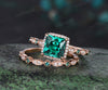 Vintage princess cut green emerald engagement ring rose gold women Milgrain halo half eternity diamond emerald wedding bridal ring set jewelry