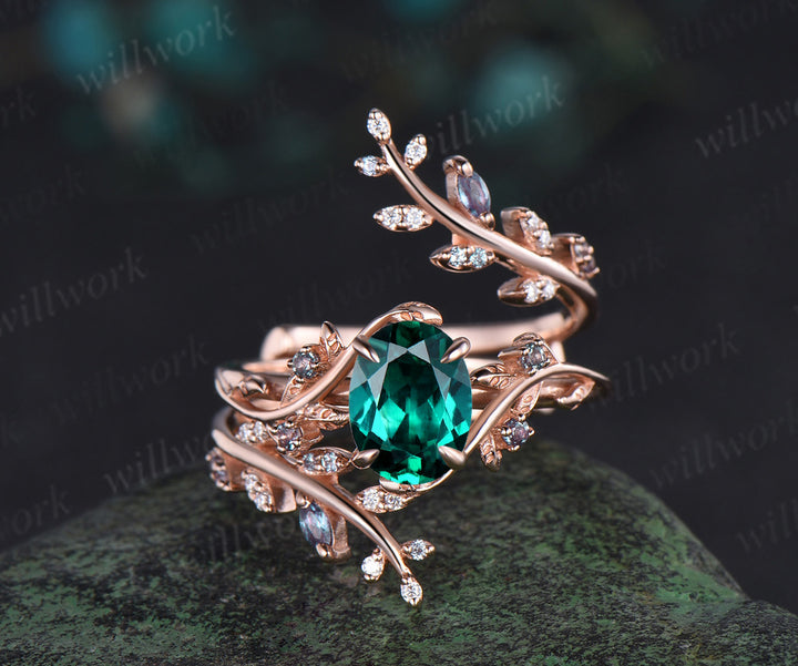 Oval cut emerald engagement ring rose gold leaf five stone alexandrite wedding band enhancer women antique promise bridal ring set gift