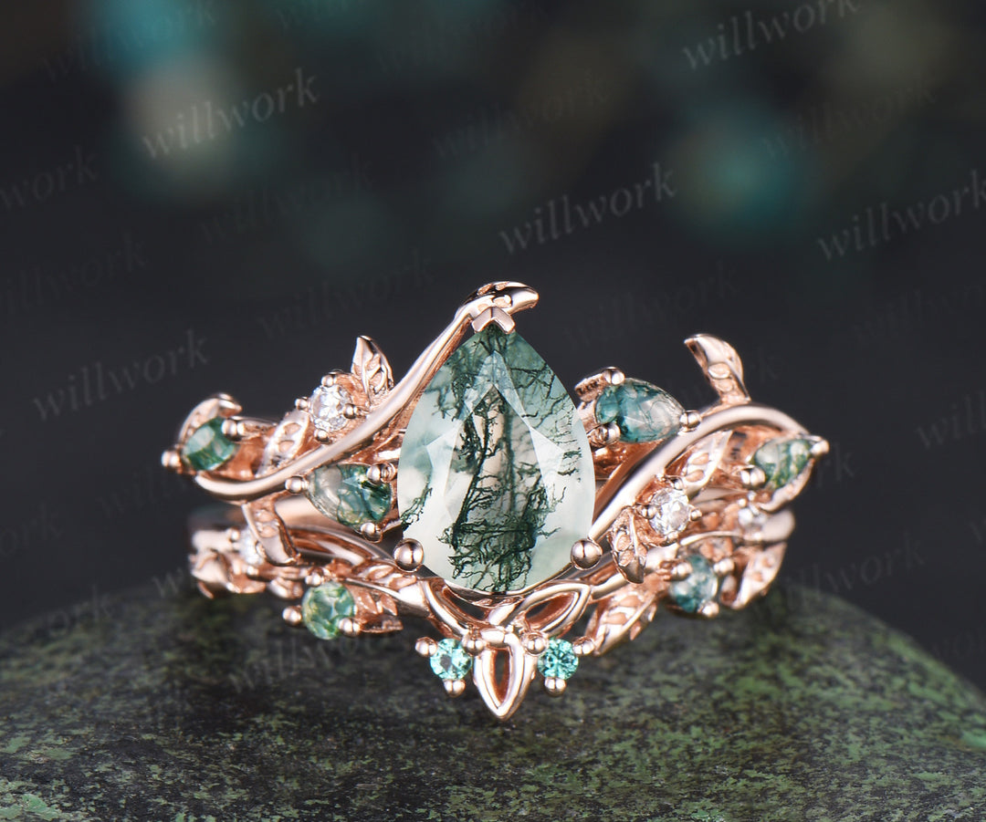Pear cut moss agate engagement ring rose gold leaf celtic knot wedding ring set nature inspired jewelry