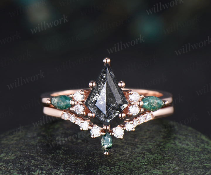 Vintage kite cut salt and pepper diamond engagement ring set unique marquise moss agate seven stone diamond bridal set