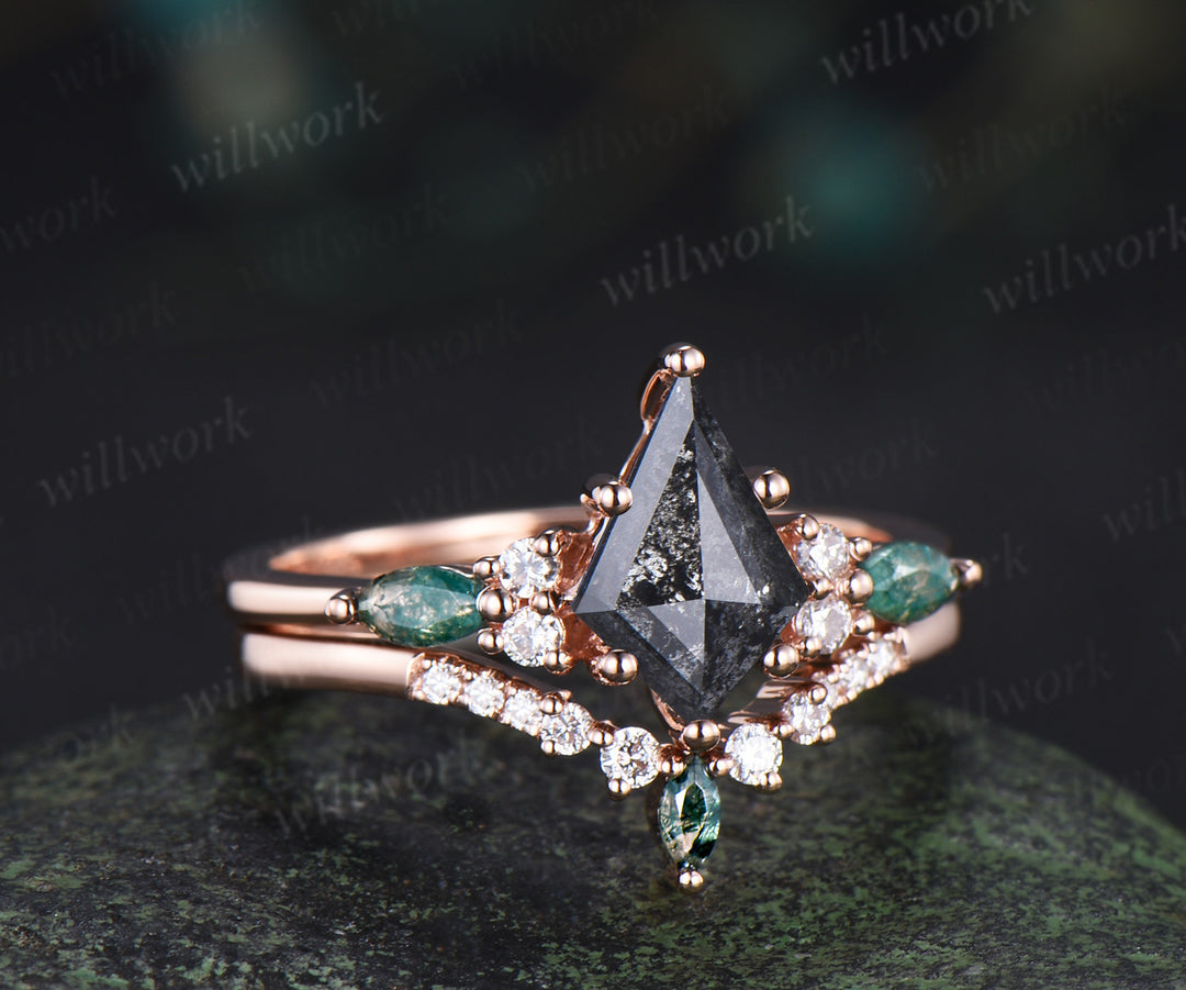 Vintage kite cut salt and pepper diamond engagement ring set unique marquise moss agate seven stone diamond bridal set