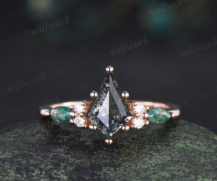 Vintage kite cut salt and pepper diamond engagement ring set unique marquise moss agate seven stone diamond bridal set