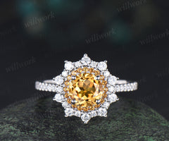 1ct round cut yellow citrine ring double halo unique Engagement Ring 18k white gold promise ring women