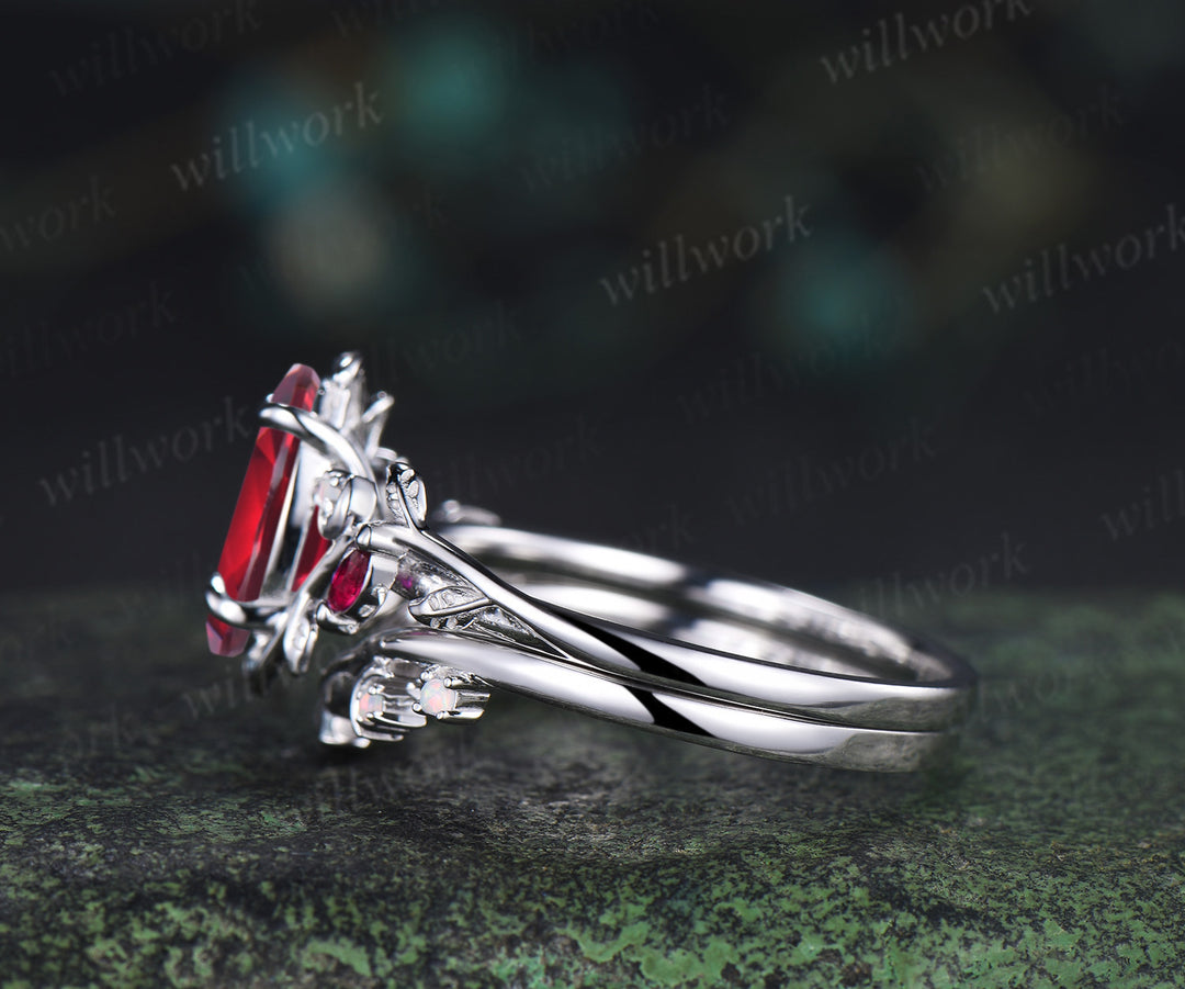 Vintage marquise red ruby engagement ring set white gold unique twig leaf moon ring opal wedding band bridal jewelry set