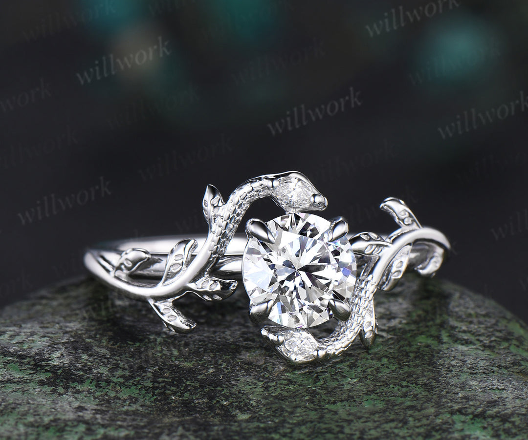 Vintage round cut IGI lab grown diamond Engagement Ring 14k White Gold leaf Double Snake diamond ring women nature inspired promise ring her