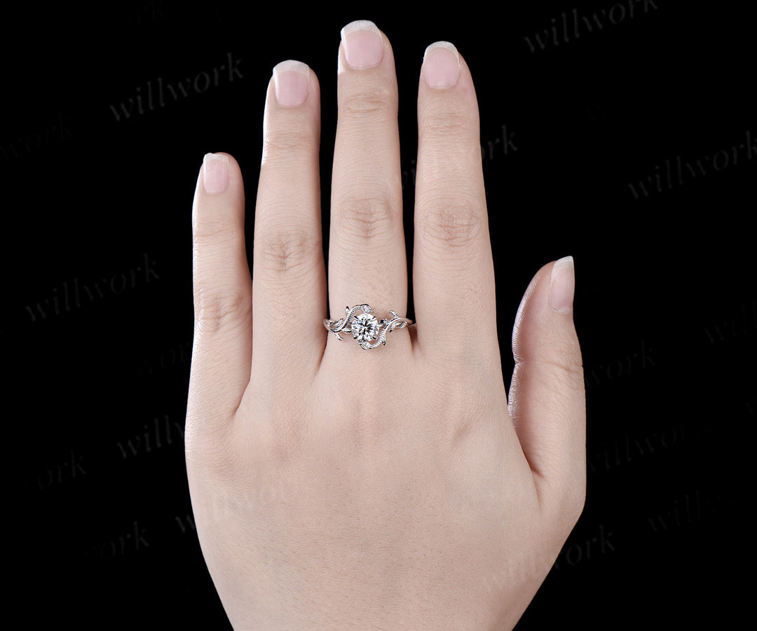 Vintage round cut IGI lab grown diamond Engagement Ring 14k White Gold leaf Double Snake diamond ring women nature inspired promise ring her