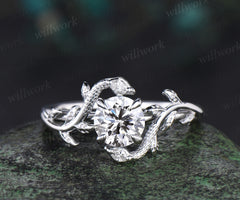 Vintage round cut IGI lab grown diamond Engagement Ring 14k White Gold leaf Double Snake diamond ring women nature inspired promise ring her