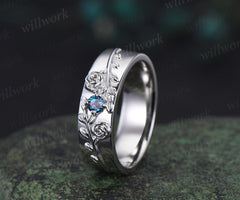 Round alexandrite wedding band mens solid 14k white gold leaf floral wedding ring unique anniversary ring gift nature inspired Engagement Ring