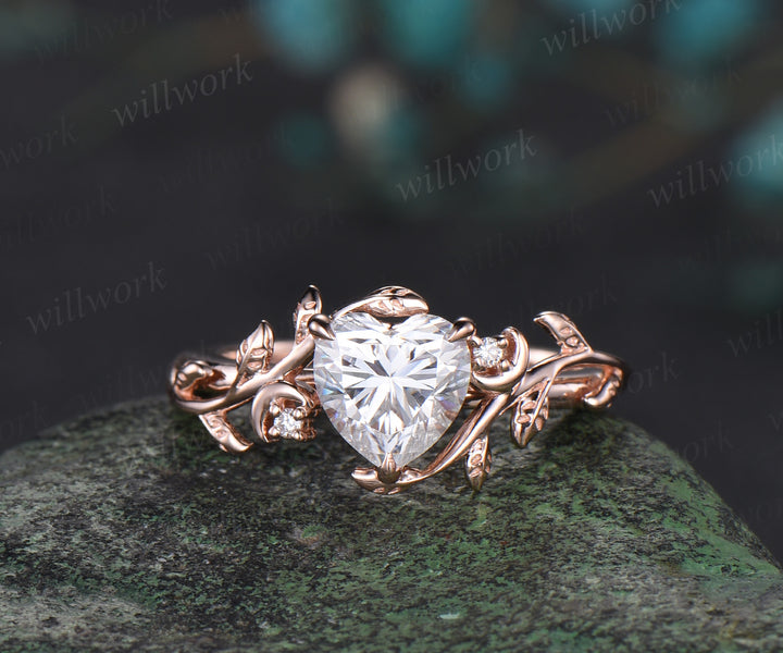 Vintage heart IGI lab-grown diamond engagement ring rose gold twig leaf Nature inspired moon diamond-accented Celtic knot wedding ring set