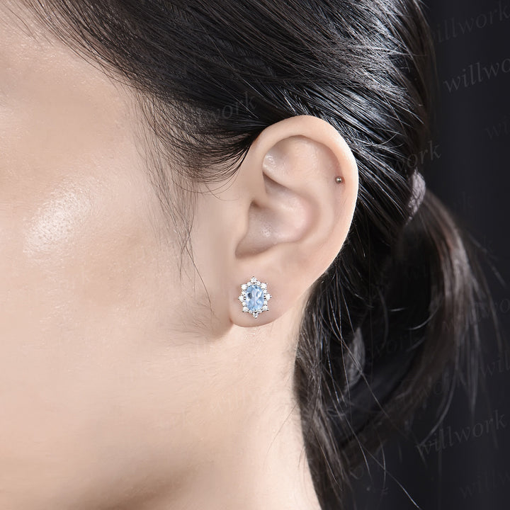 Oval cut natural aquamarine earrings 14k white gold halo snowdrift diamond drop earrings women anniversary gift for her