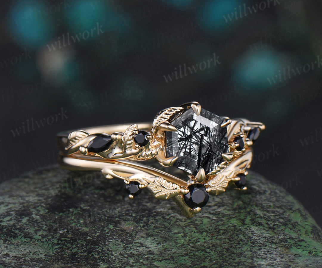 Vintage hexagon cut black rutilated quartz engagement ring set yellow gold leaf nature inspired five stone black spinel ring women