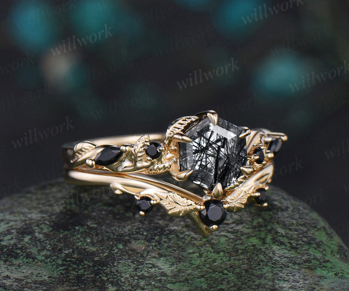 Vintage hexagon cut black rutilated quartz engagement ring set yellow gold leaf nature inspired five stone black spinel ring women