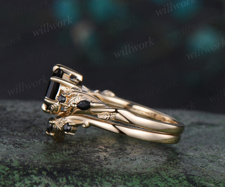 Vintage hexagon cut black rutilated quartz engagement ring set yellow gold leaf nature inspired five stone black spinel ring women