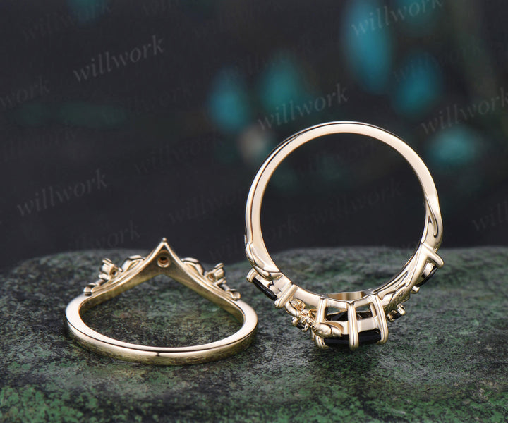 Vintage hexagon cut black rutilated quartz engagement ring set yellow gold leaf nature inspired five stone black spinel ring women