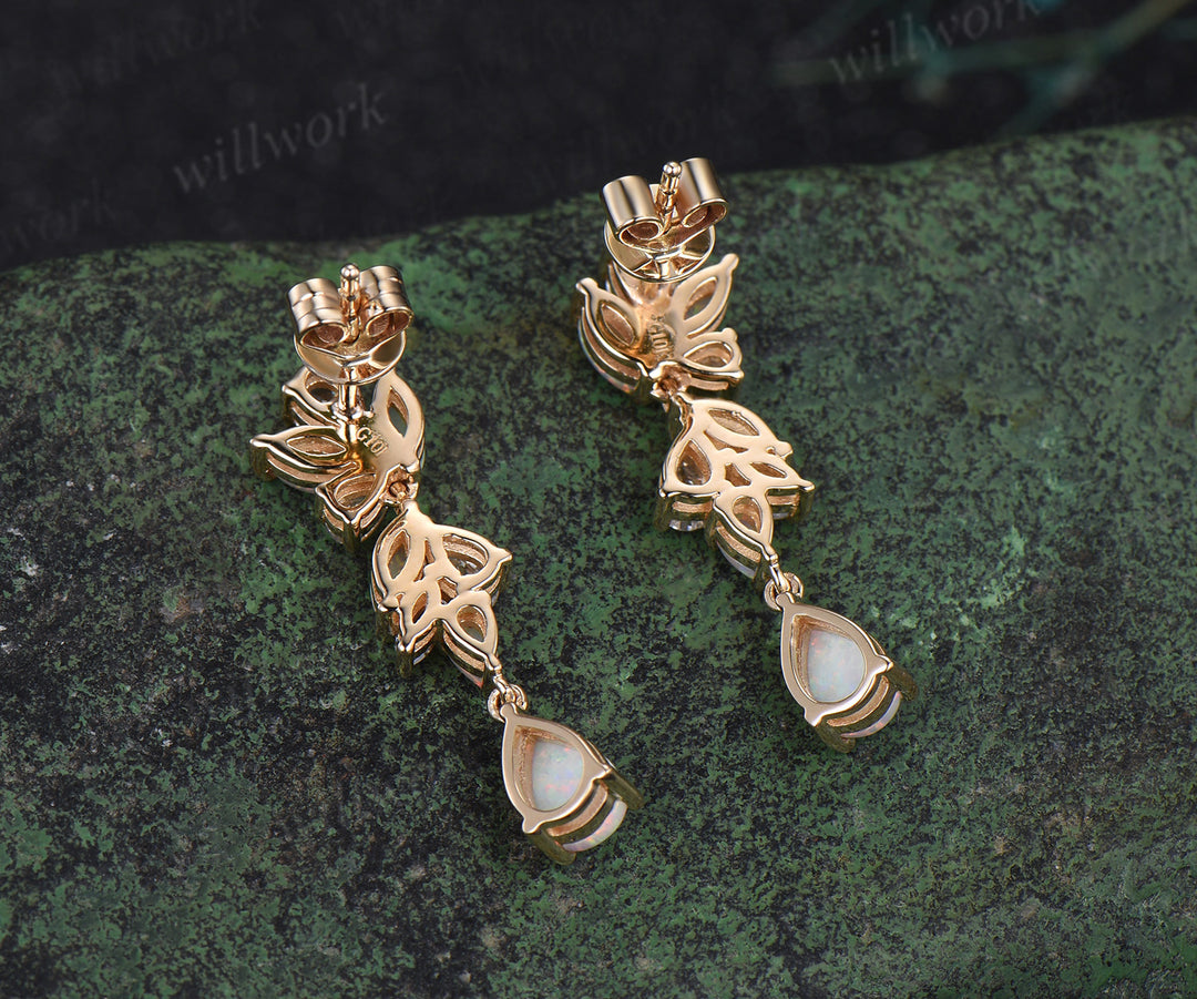 Pear natural aquamarine earrings solid 14k yellow gold cluster diamond opal drop earrings women jewelry anniversary gift for her