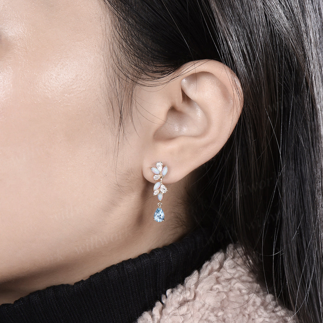 Pear natural aquamarine earrings solid 14k yellow gold cluster diamond opal drop earrings women jewelry anniversary gift for her