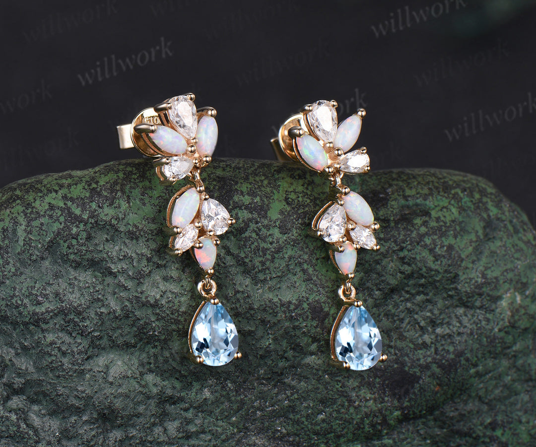 Pear natural aquamarine earrings solid 14k yellow gold cluster diamond opal drop earrings women jewelry anniversary gift for her