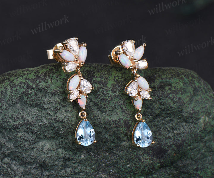 Pear natural aquamarine earrings solid 14k yellow gold cluster diamond opal drop earrings women jewelry anniversary gift for her
