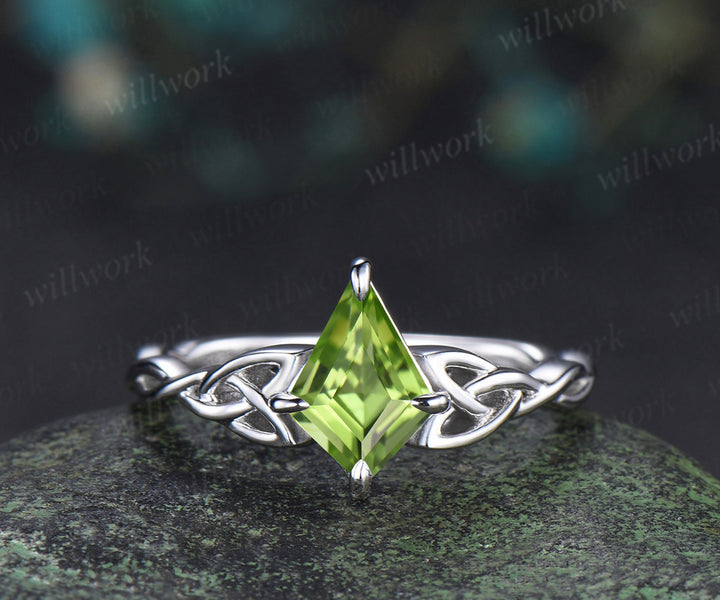 Kite cut peridot engagement ring set solid 14k white gold moon Celtic knot infinity solitaire promise wedding ring women