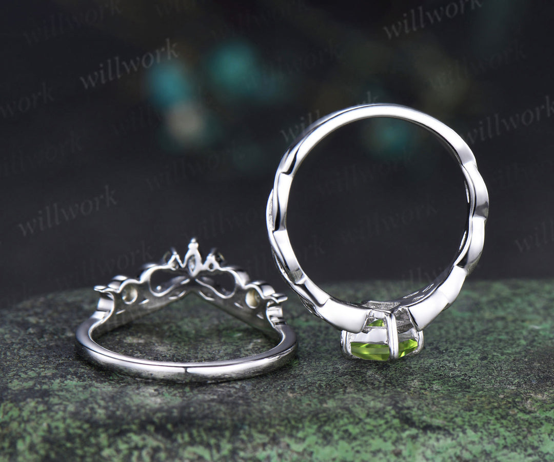 Kite cut peridot engagement ring set solid 14k white gold moon Celtic knot infinity solitaire promise wedding ring women