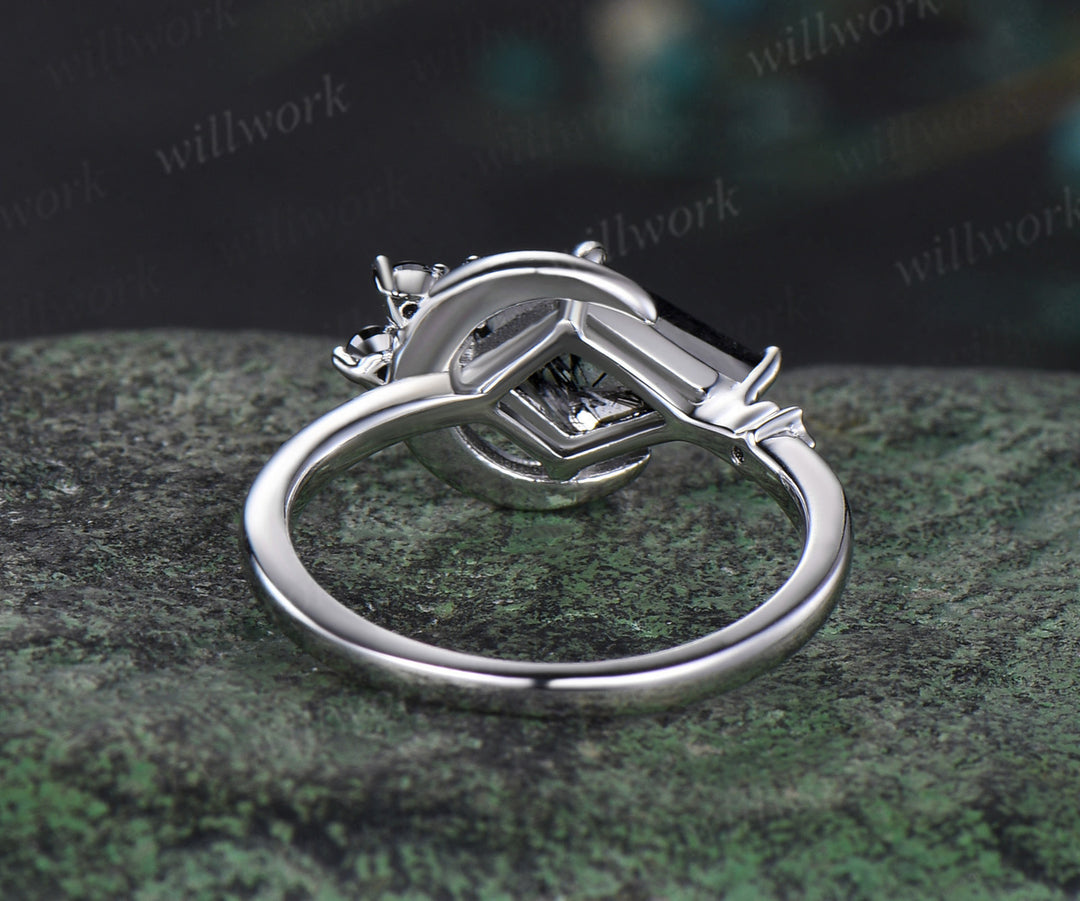 Moon kite cut black rutilated quartz engagement ring white gold East To West black spinel wedding anniversary ring gift