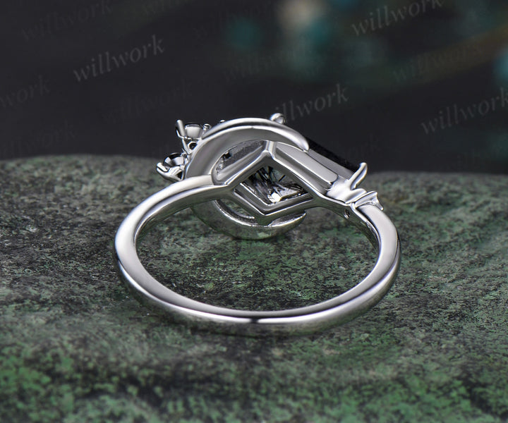 Moon kite cut black rutilated quartz engagement ring white gold East To West black spinel wedding anniversary ring gift