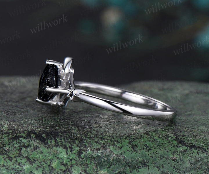 Moon kite cut black rutilated quartz engagement ring white gold East To West black spinel wedding anniversary ring gift