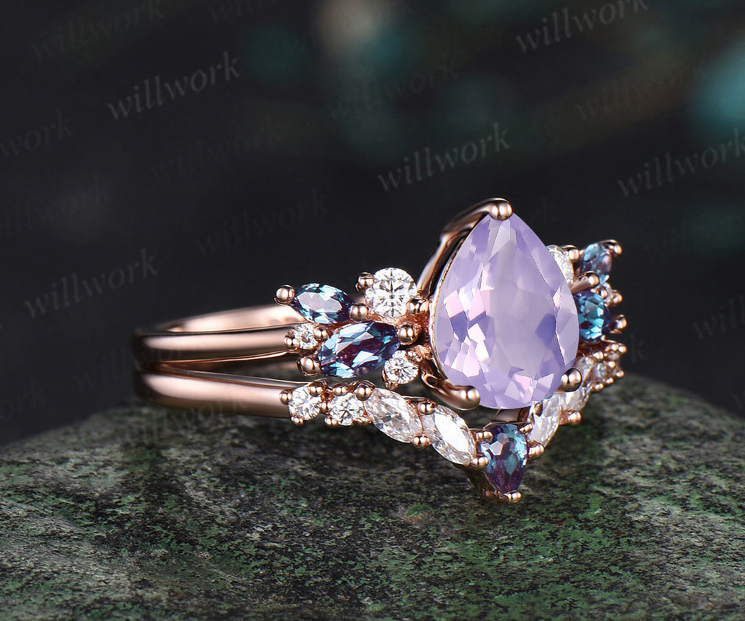 Pear shaped Lavender Amethyst engagement ring solid 14k rose gold cluster snowdrift alexandrite diamond stacking wedding bridal ring set women