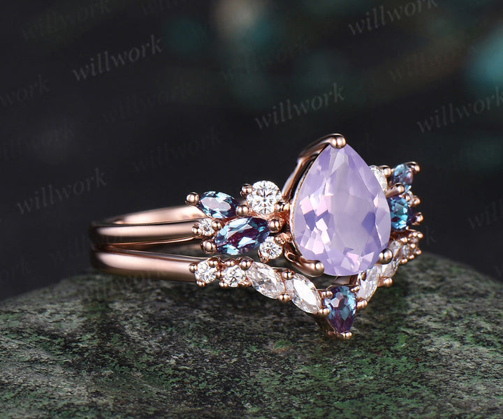 Pear shaped Lavender Amethyst engagement ring solid 14k rose gold cluster snowdrift alexandrite diamond stacking wedding bridal ring set women