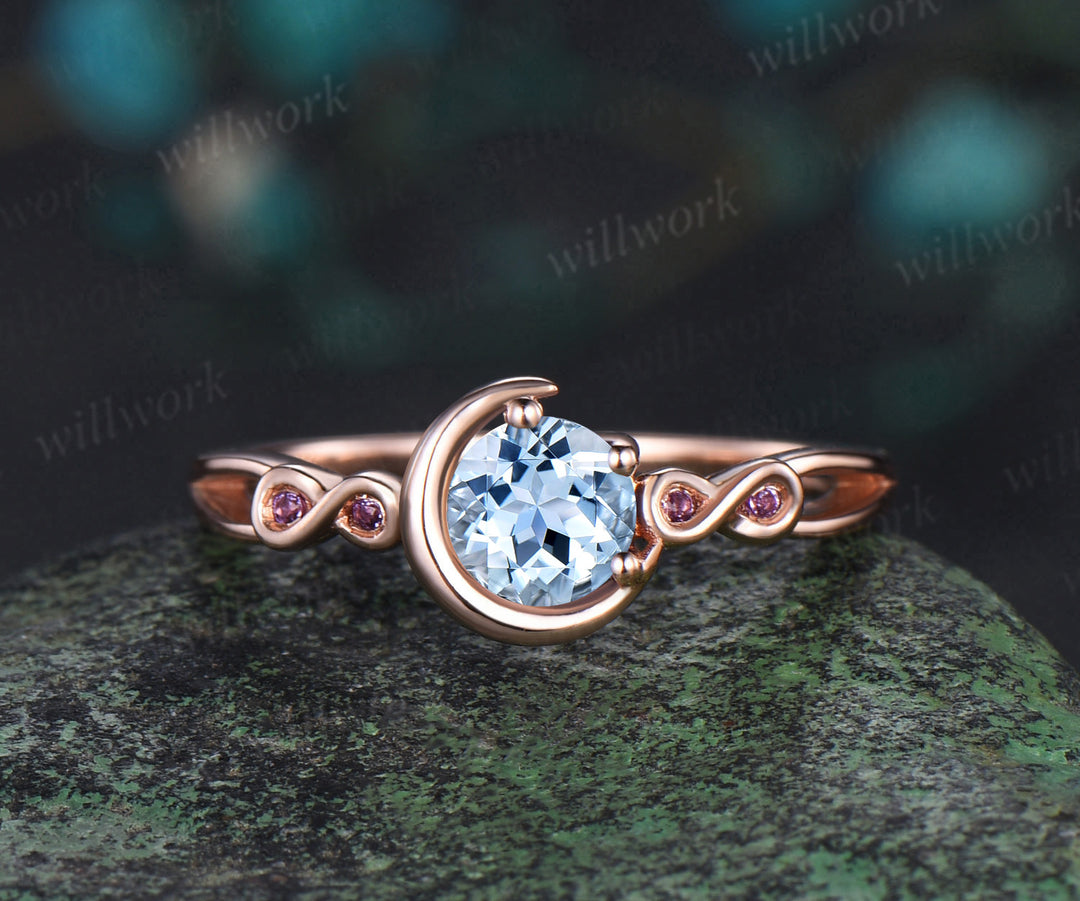 Round cut aquamarine engagement ring rose gold moon infinity five stone amethyst wedding ring set women Norse Viking Jewelry