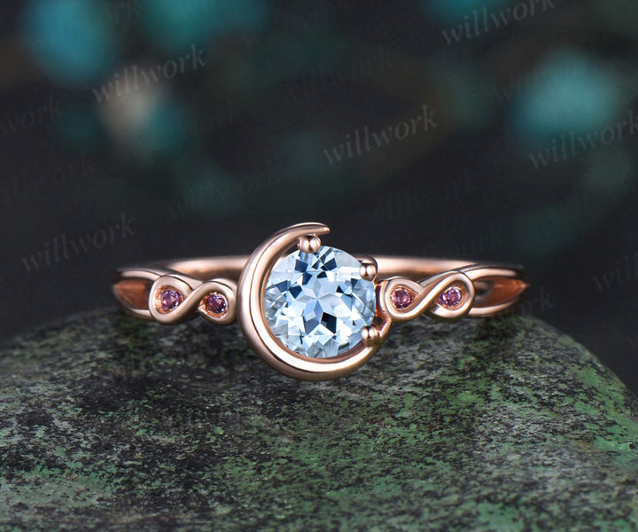 Round cut aquamarine engagement ring rose gold moon infinity five stone amethyst wedding ring set women Norse Viking Jewelry