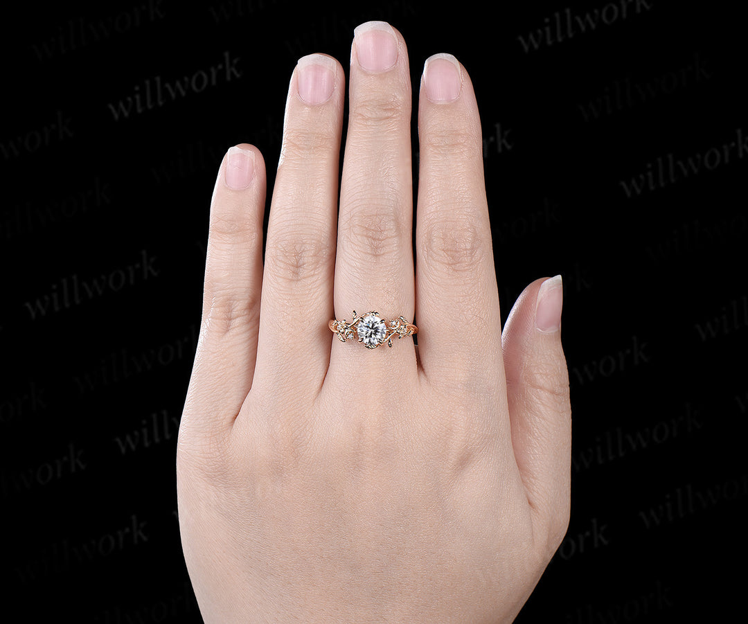 1ct Round cut IGI Lab grown diamond engagement ring 14k yellow gold moon floral five stone ring vintage leaf branch promise ring women