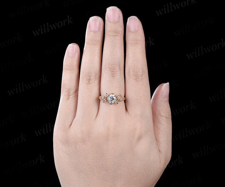 1ct Round cut IGI Lab grown diamond engagement ring 14k yellow gold moon floral five stone ring vintage leaf branch promise ring women