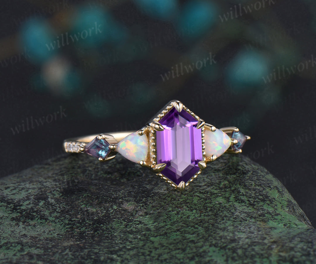 Vintage long Hexagon cut amethyst engagement ring yellow gold Trillion opal kite alexandrite wedding anniversary ring women gift