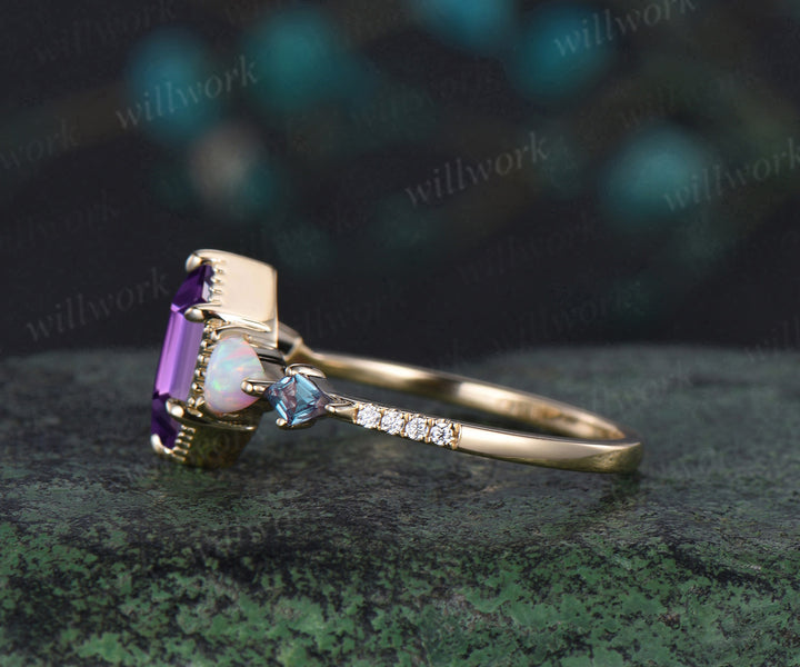Vintage long Hexagon cut amethyst engagement ring yellow gold Trillion opal kite alexandrite wedding anniversary ring women gift