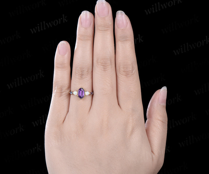 Vintage long Hexagon cut amethyst engagement ring yellow gold Trillion opal kite alexandrite wedding anniversary ring women gift