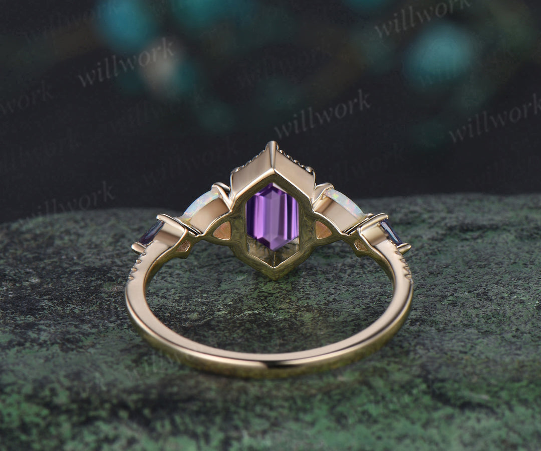 Vintage long Hexagon cut amethyst engagement ring yellow gold Trillion opal kite alexandrite wedding anniversary ring women gift