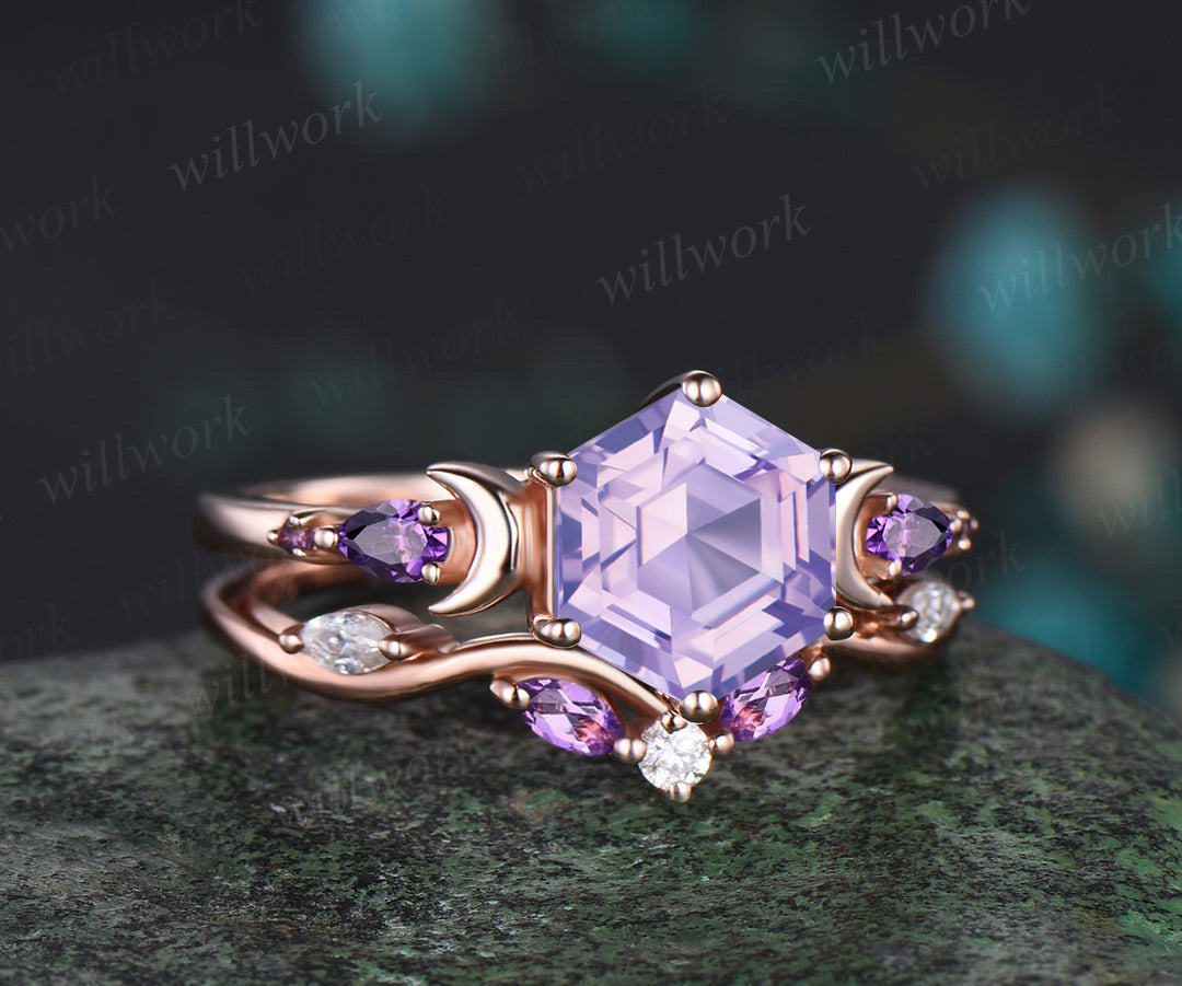 Hexagon lavender amethyst engagement ring set 14k rose gold five stones moon ring curved amethyst moissanites wedding band 2pcs bridal set
