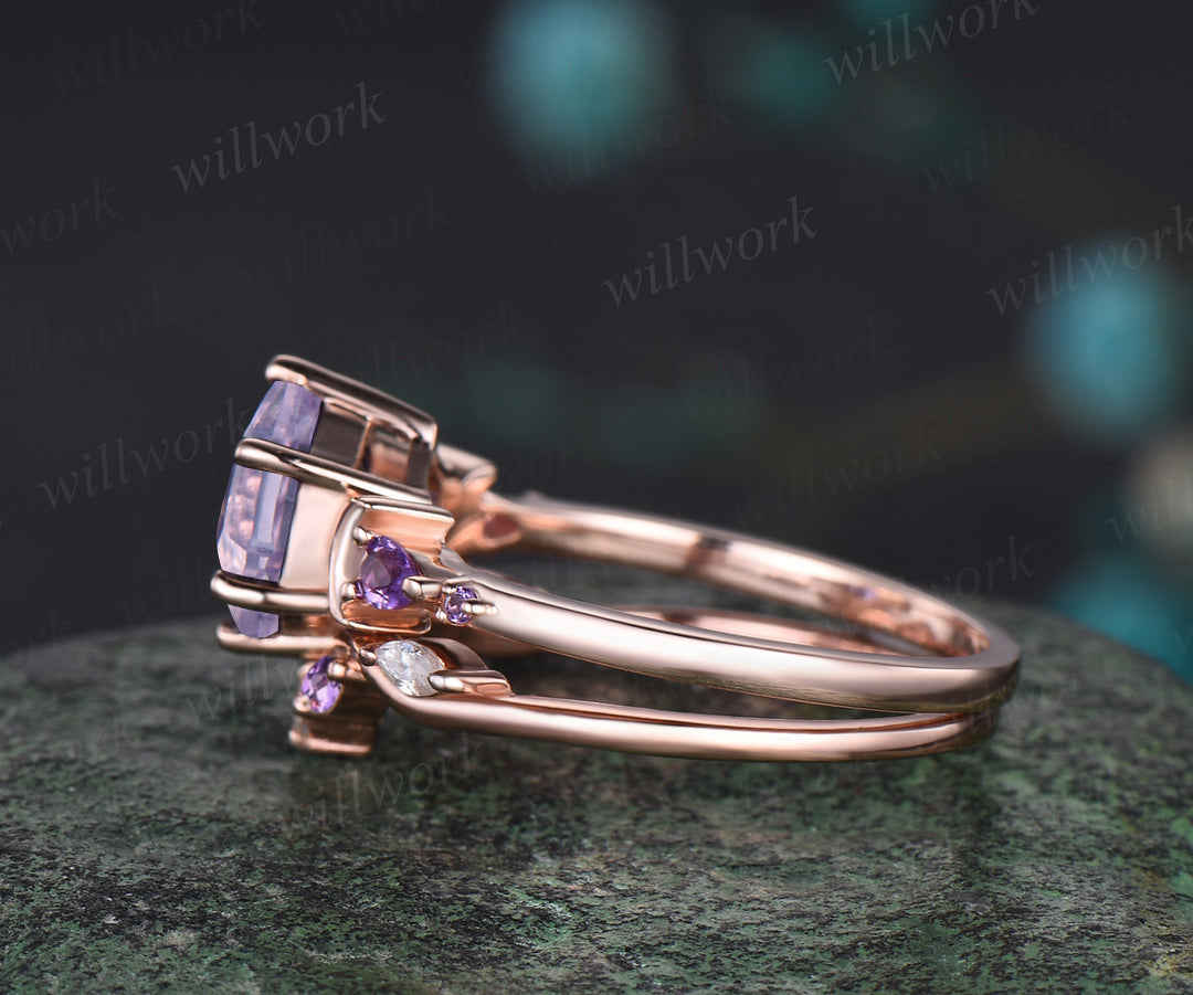 Hexagon lavender amethyst engagement ring set 14k rose gold five stones moon ring curved amethyst moissanites wedding band 2pcs bridal set