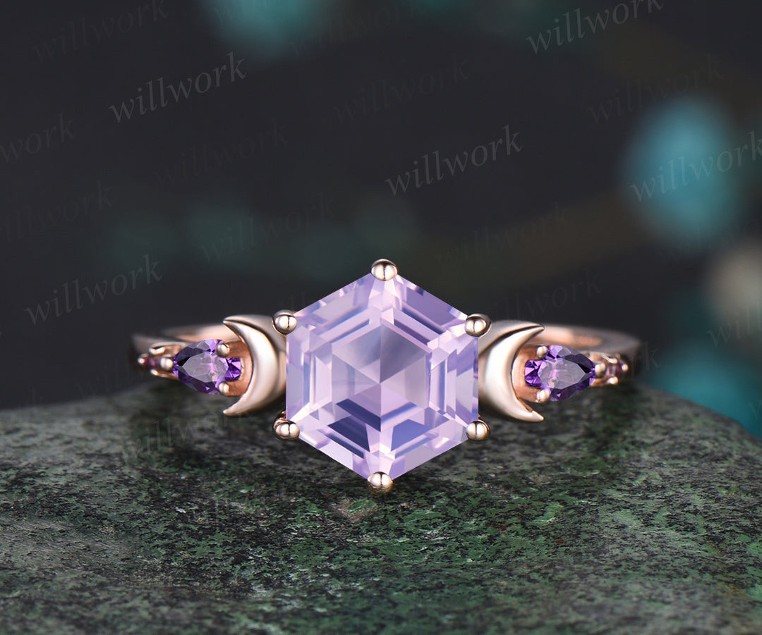 Hexagon lavender amethyst engagement ring set 14k rose gold five stones moon ring curved amethyst moissanites wedding band 2pcs bridal set
