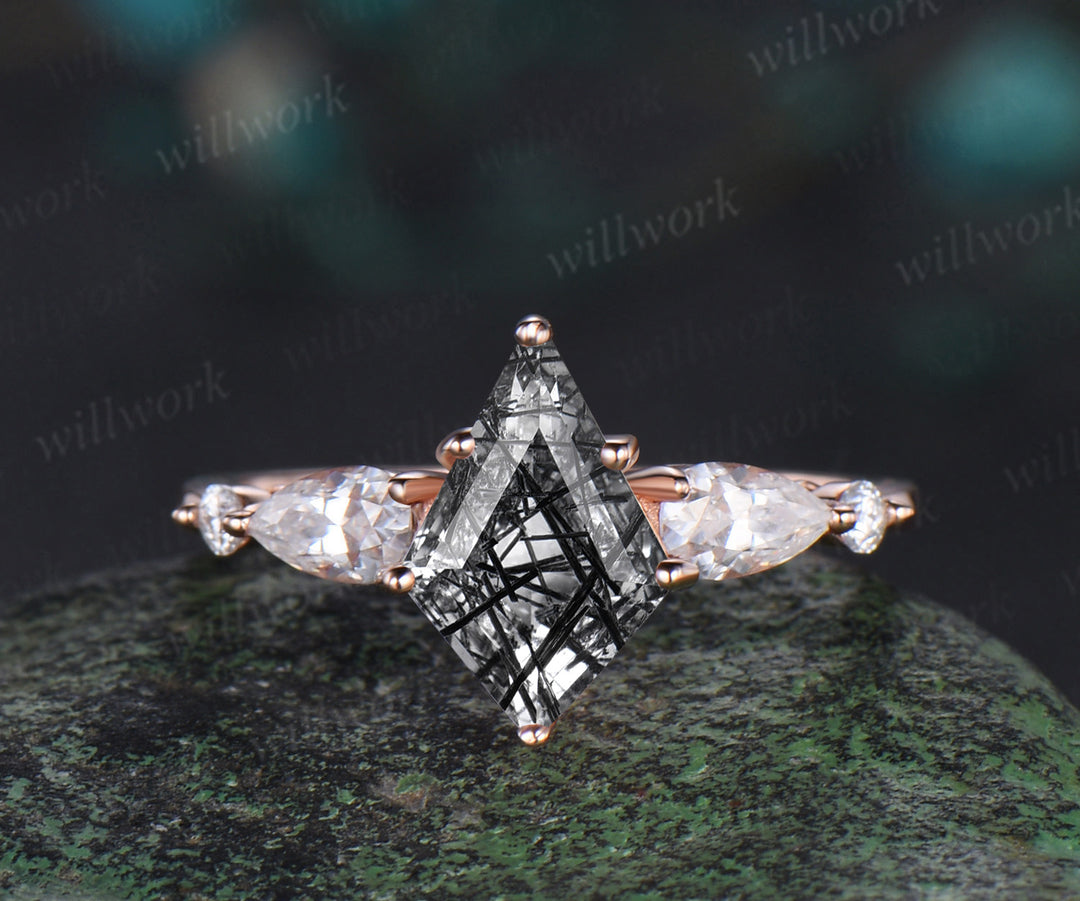 Kite cut black rutilated quartz engagement ring rose gold 6 prong five stone pear diamond ring vintage promise bridal ring set women