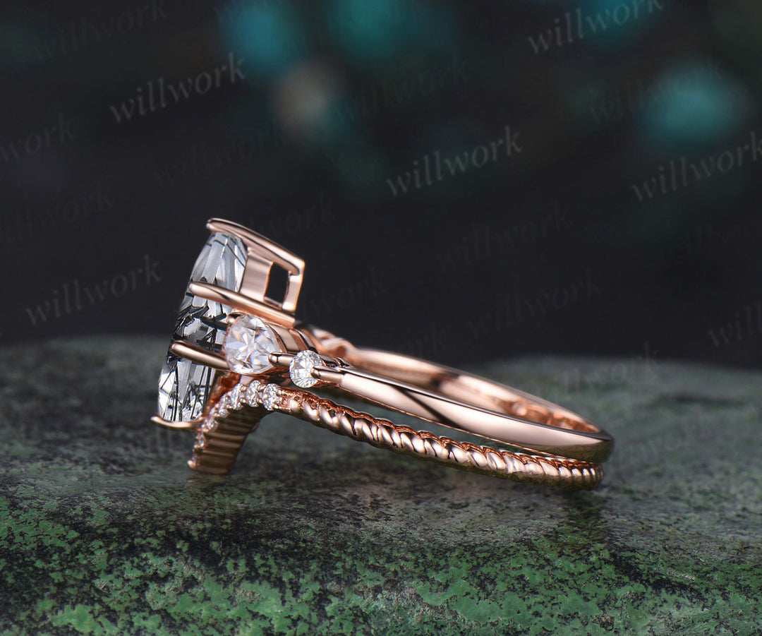 Kite cut black rutilated quartz engagement ring rose gold 6 prong five stone pear diamond ring vintage promise bridal ring set women