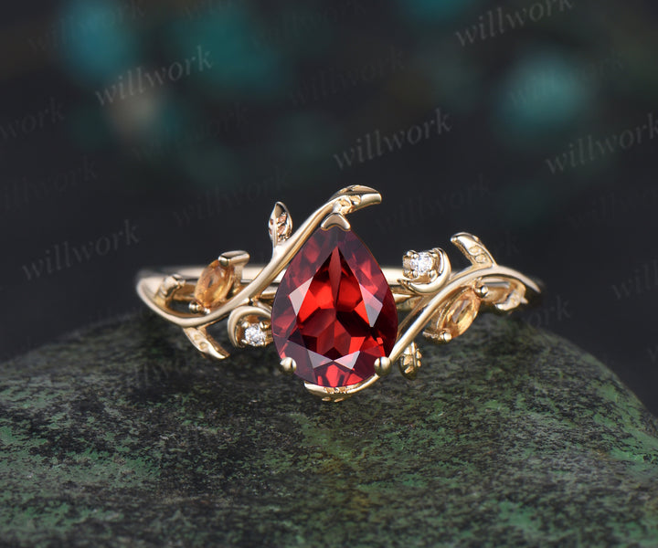 Vintage pear shaped red garnet engagement ring yellow gold twisted leaf moon citrine gemstone wedding anniversary ring set gift