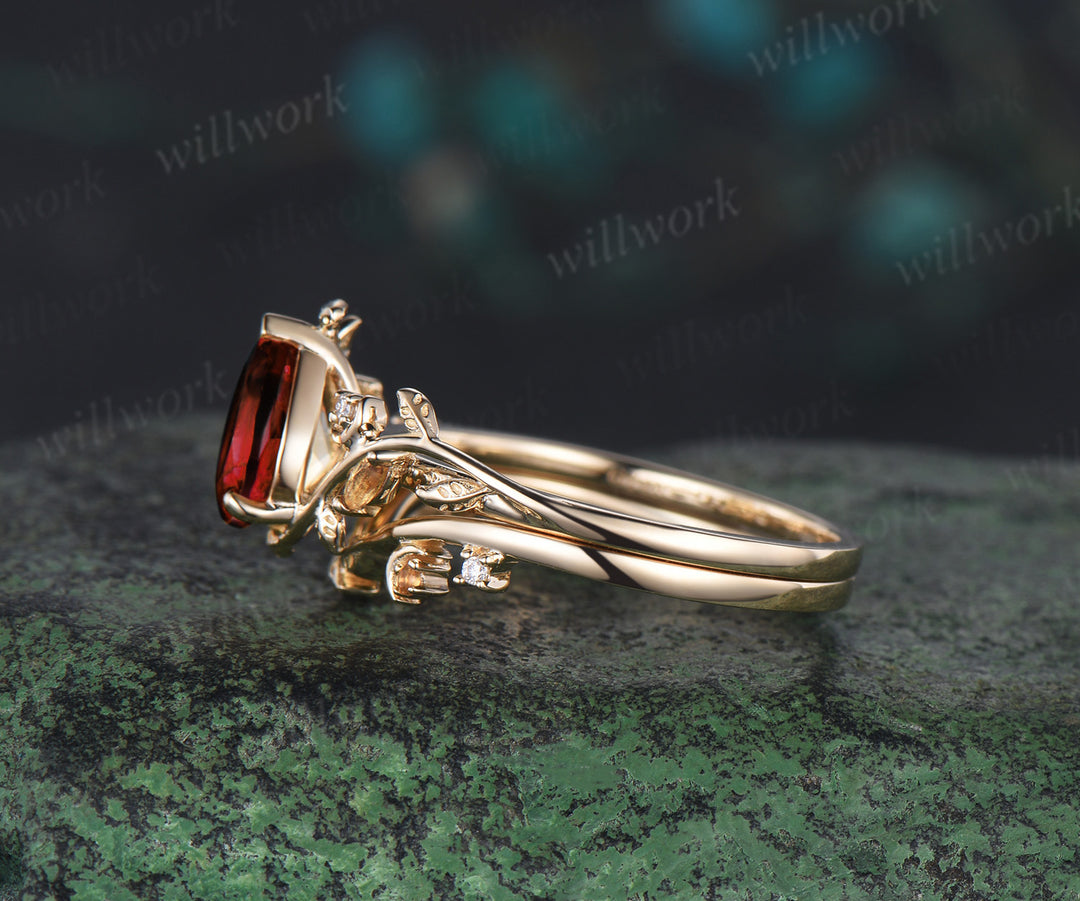 Vintage pear shaped red garnet engagement ring yellow gold twisted leaf moon citrine gemstone wedding anniversary ring set gift