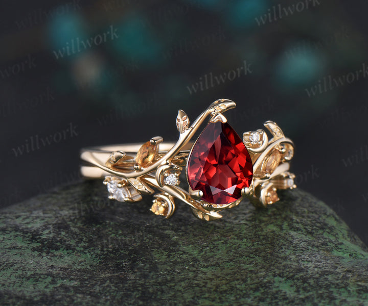 Vintage pear shaped red garnet engagement ring yellow gold twisted leaf moon citrine gemstone wedding anniversary ring set gift