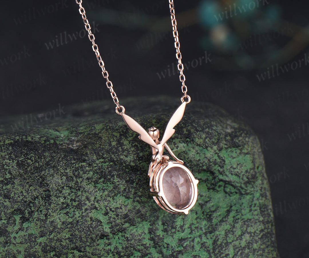 Elf 2ct Oval morganite  Pendant Winged Fairy Angel Gemstone Drop Necklace 14k Rose Gold Chain Gift Women